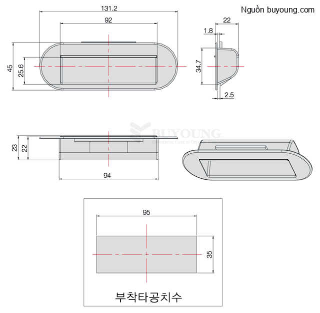 Bản vẽ kỹ thuật Tay nắm cửa chìm đen Buyoung 45x131.2 BYBSE-2-BK