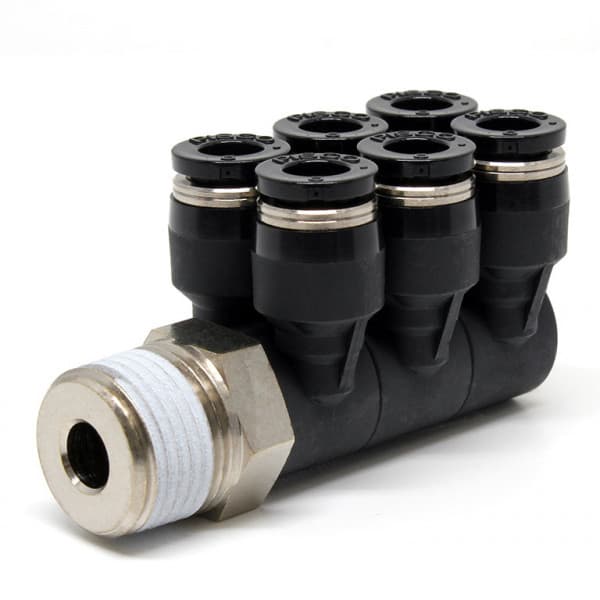 Đầu Nối Nhanh Khí Nén Sáu Nhánh Cong 90° Thân Lục Giác Trụ Ren Ngoài Pisco PAT6-03