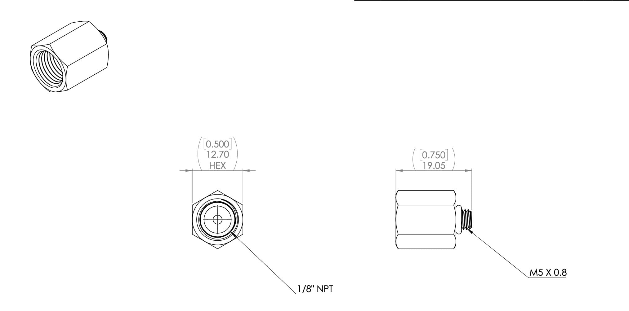 Bản vẽ kỹ thuật Đầu Nối Chuyển Đổi M5x0.8 - 1/8NPT Inox 303Cu