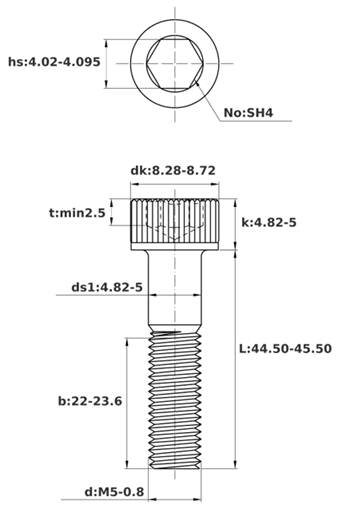 Bản vẽ kỹ thuật Lục Giác Chìm Đầu Trụ Thép Mạ Geomet 12.9 DIN912 M5x45 Ren Lửng