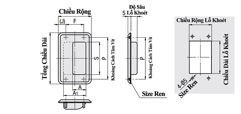 Bản vẽ kỹ thuật Tay Nắm Cửa Âm Inox 304 Đánh Xước W 64 mm x L 109.5 mm (UWUAN109.5-N)