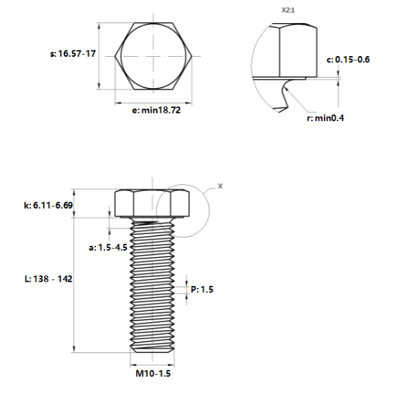 Bản vẽ kỹ thuật Bulong Thép Đen 8.8 DIN933 M10x140