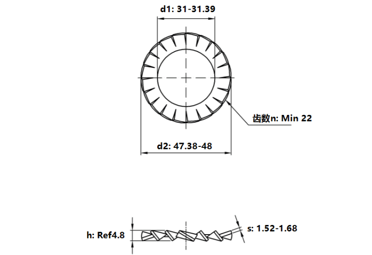 Bản vẽ kỹ thuật Lông Đền Răng Ngoài Loại A Thép Mạ Kẽm DIN6798A M30