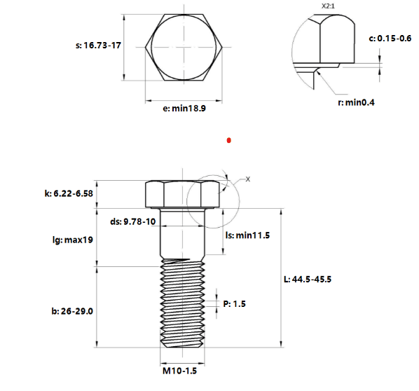 Bản vẽ kỹ thuật Bulong Thép Đen 8.8 DIN931 M10x45 Ren Lửng