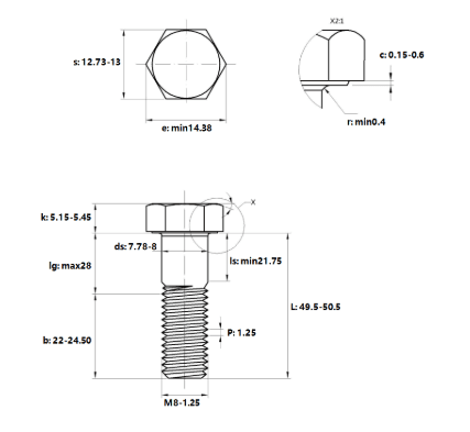 Bản vẽ kỹ thuật Bulong Thép Đen 8.8 DIN931 M8x50 Ren Lửng