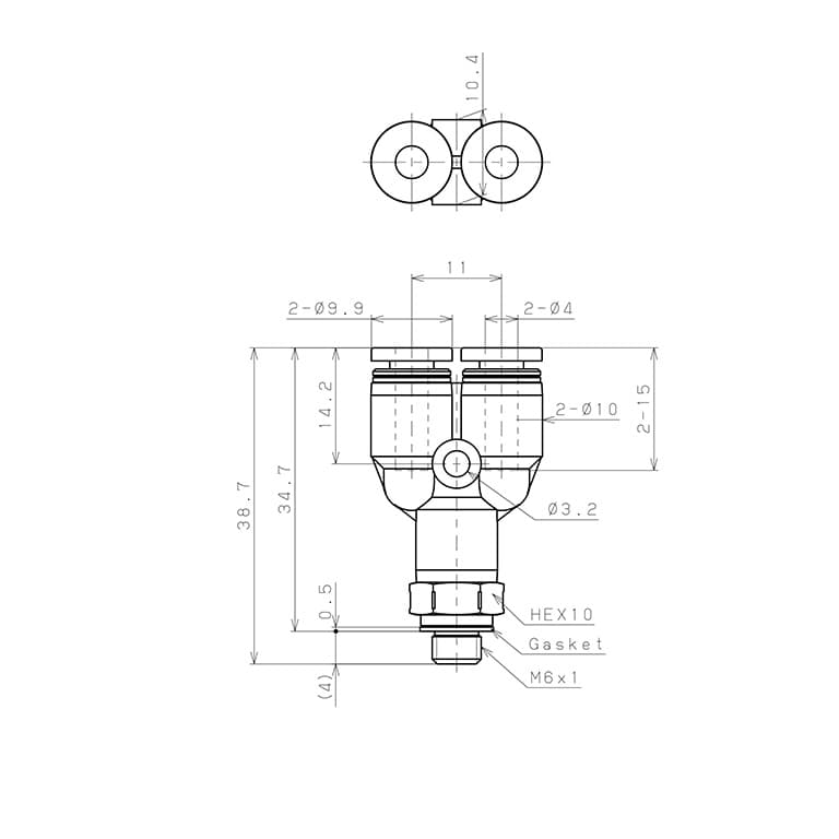 Bản vẽ kỹ thuật Đầu Nối Nhanh Khí Nén Dạng Chữ Y Ren Ngoài Pisco PX4-M6SUS