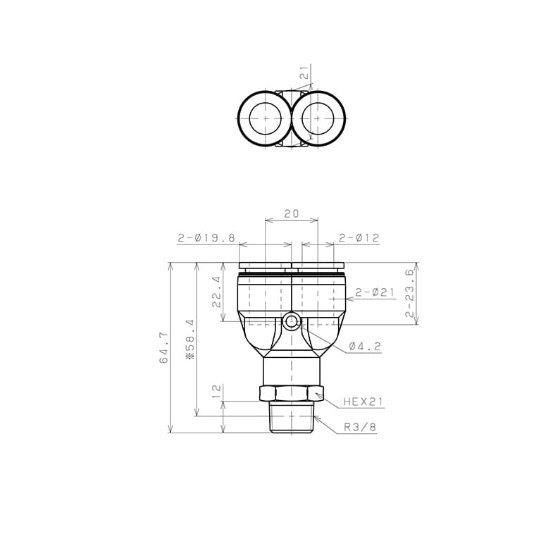 Bản vẽ kỹ thuật Đầu Nối Nhanh Khí Nén Dạng Chữ Y Ren Ngoài Pisco PX12-03SUS
