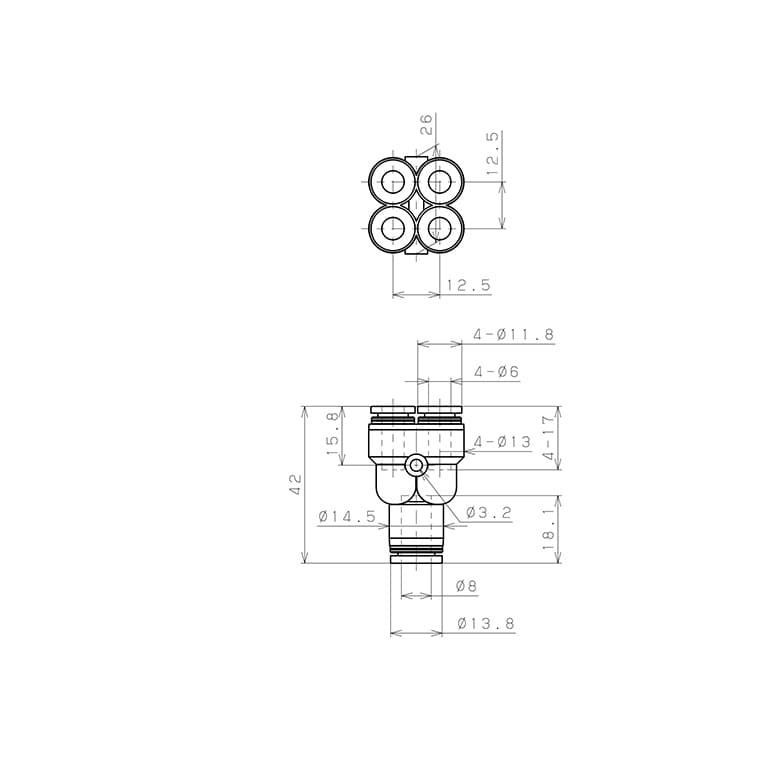 Bản vẽ kỹ thuật Đầu Nối Nhanh Khí Nén Chữ Y 5 Ngã Dạng Nối Giảm Pisco PRG8-6