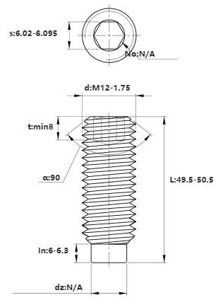 Bản vẽ kỹ thuật Vít Trí Đuôi Trụ Thép Đen 10.9 DIN915 M12x50