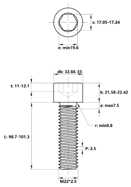 Bản vẽ kỹ thuật Lục Giác Chìm Đầu Trụ Thép Đen 12.9 DIN912 M22x100