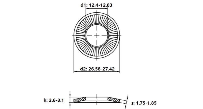 Bản vẽ kỹ thuật Lông Đền Tiếp Xúc Thép Mạ Kẽm NFE25-511 M12