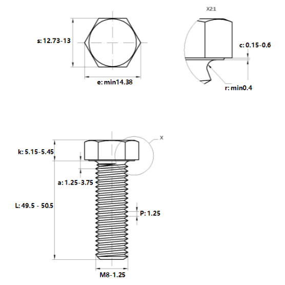 Bản vẽ kỹ thuật Bulong Nhúng Nóng 8.8 DIN933 M8x50