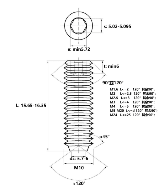 Bản vẽ kỹ thuật Vít Trí Đuôi Lõm Thép Đen 10.9 DIN916 M10x16