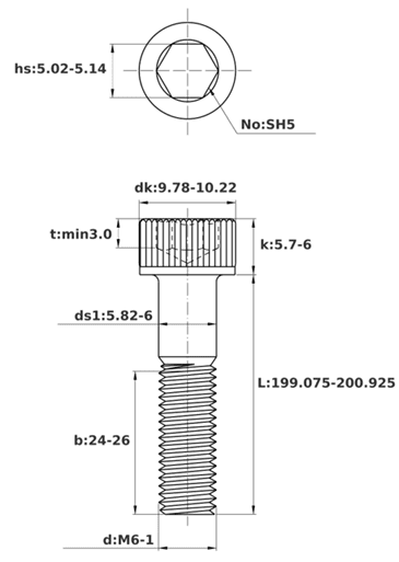 Bản vẽ kỹ thuật Lục Giác Chìm Đầu Trụ Thép Đen 12.9 DIN912 M6x200 Ren Lửng