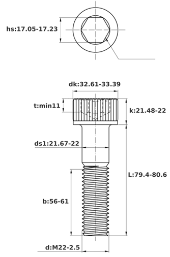 Bản vẽ kỹ thuật Lục Giác Chìm Đầu Trụ Thép Đen 12.9 DIN912 M22x80 Ren Lửng