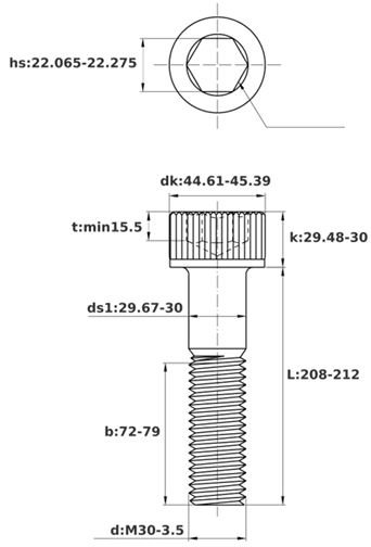 Bản vẽ kỹ thuật Lục Giác Chìm Đầu Trụ Thép Đen 12.9 DIN912 M30x210 Ren Lửng