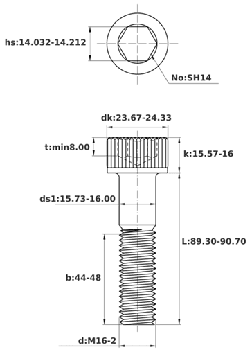 Bản vẽ kỹ thuật Lục Giác Chìm Đầu Trụ Thép Đen 12.9 DIN912 M16x90 Ren Lửng