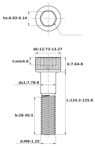 Bản vẽ kỹ thuật Lục Giác Chìm Đầu Trụ Thép Đen 12.9 DIN912 M8x125 Ren Lửng