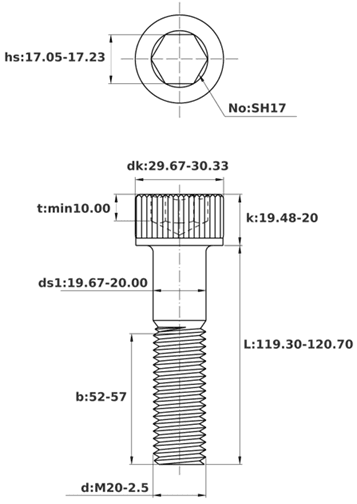 Bản vẽ kỹ thuật Lục Giác Chìm Đầu Trụ Thép Đen 12.9 DIN912 M20x120 Ren Lửng