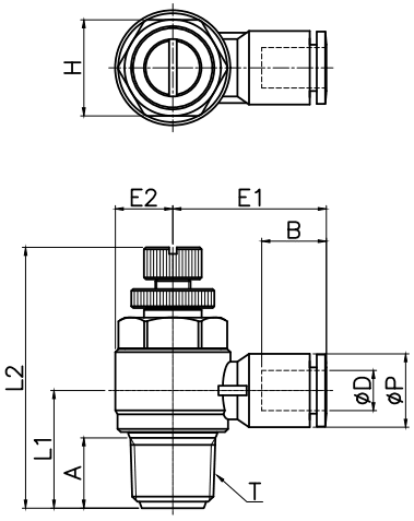 Bản vẽ kỹ thuật Van Tiết Lưu Khí Nén Ø12mm - Ren Ngoài 1/4" CDC MSC 1202 (Màu Đen)