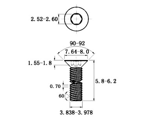 Bản vẽ kỹ thuật Lục Giác Chìm Col Thép Mạ Kẽm Trắng Cr3+ 10.9 DIN7991 M4x6 (50Cái/Bịch)
