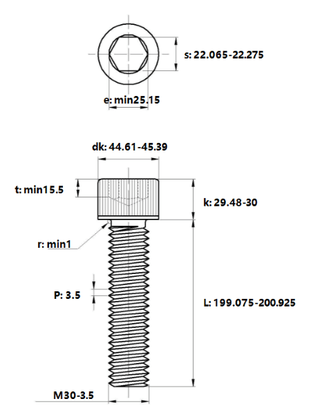 Bản vẽ kỹ thuật Lục Giác Chìm Đầu Trụ Thép Đen 12.9 DIN912 M30x200