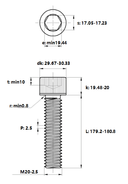 Bản vẽ kỹ thuật Lục Giác Chìm Đầu Trụ Thép Đen 12.9 DIN912 M20x180