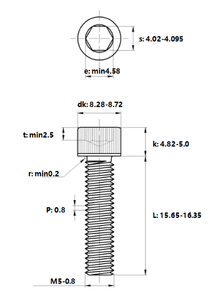 Bản vẽ kỹ thuật Lục Giác Chìm Đầu Trụ Thép Đen 12.9 DIN912 M5x16 (50Cái/Bịch)
