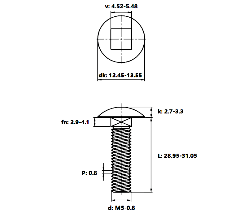 Bản vẽ kỹ thuật Bulong Cổ Vuông Inox 304 DIN603 M5x30
