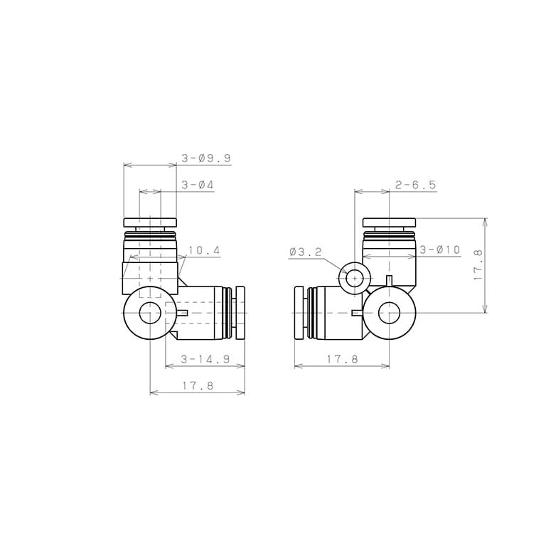 Bản vẽ kỹ thuật Đầu Nối Nhanh Khí Nén Chạc Ba 90° Pisco PVU4