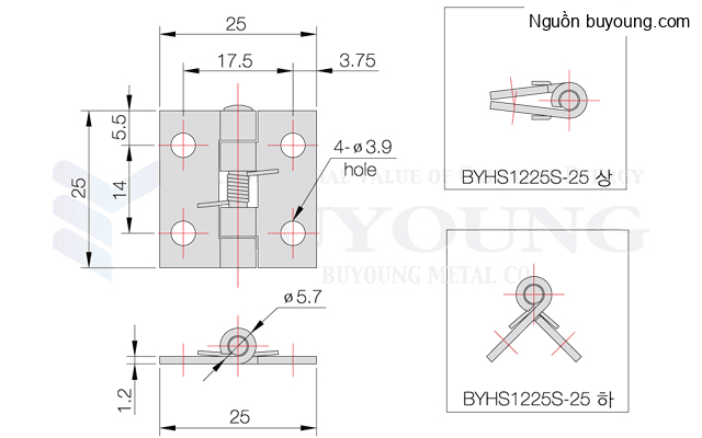 Bản vẽ kỹ thuật Bản lề cửa tháo rời bên phải inox 304 Buyoung 17x80 BYHS66-1-LH80S-R