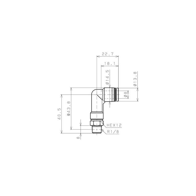 Bản vẽ kỹ thuật Đầu Nối Nhanh Khí Nén Dạng Cong 90° Ren Ngoài (Dài) Pisco PLL8-01