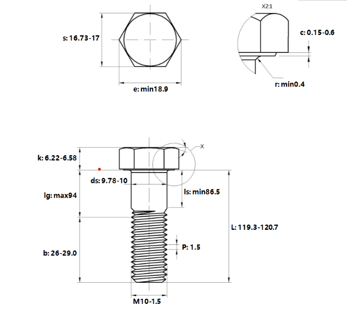 Bản vẽ kỹ thuật Bulong Thép Đen 10.9 DIN931 M10x120 Ren Lửng