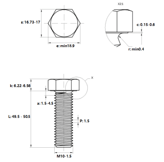 Bản vẽ kỹ thuật Bulong Mạ Kẽm 10.9 DIN933 M10x50