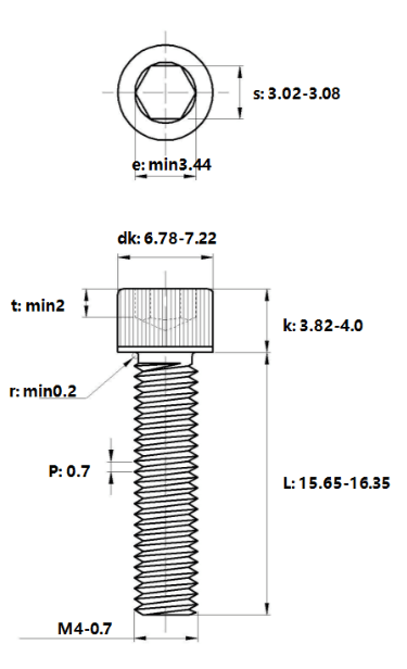 Bản vẽ kỹ thuật Lục Giác Chìm Đầu Trụ Thép Đen 12.9 DIN912 M4x16 (50Cái/Bịch)
