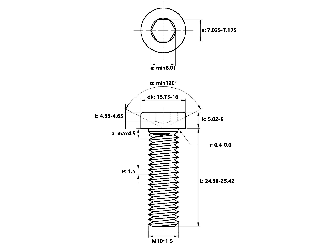 Bản vẽ kỹ thuật Lục Giác Trụ Đầu Thấp Inox 304 DIN7984 M10x25