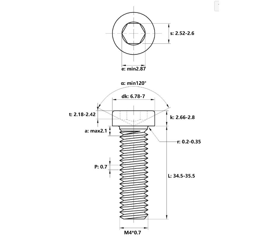 Bản vẽ kỹ thuật Lục Giác Trụ Đầu Thấp Inox 304 DIN7984 M4x35