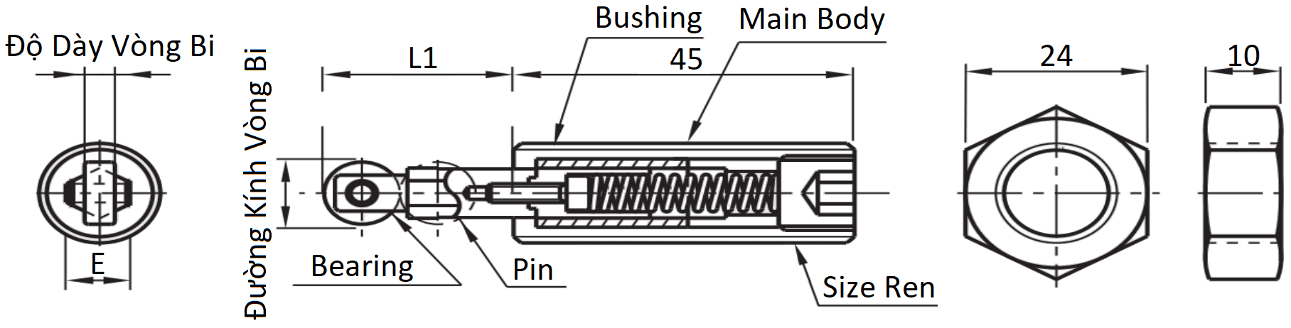 Bản vẽ kỹ thuật Roller Plungers Hex Screw Light Load M16 RBPJ16