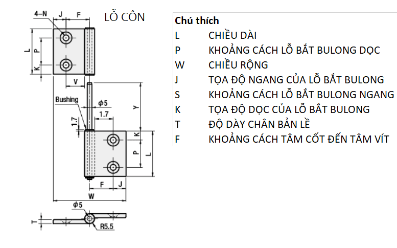 Bản vẽ kỹ thuật Bản Lề Phải Tháo Rời Nhôm Hợp Kim Mạ Anodized Trắng (HHPFRN5) L 35 mm