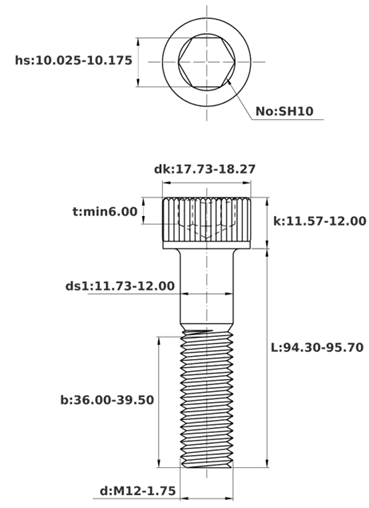 Bản vẽ kỹ thuật Lục Giác Chìm Đầu Trụ Thép Đen 12.9 DIN912 M12x95 Ren Lửng