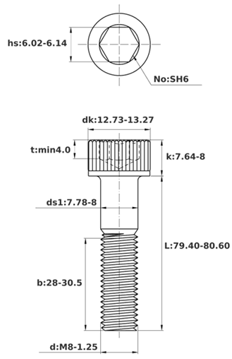 Bản vẽ kỹ thuật Lục Giác Chìm Đầu Trụ Thép Nhúng Nóng Kẽm 12.9 DIN912 M8x80 Ren Lửng