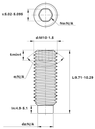 Bản vẽ kỹ thuật Vít Trí Đuôi Trụ Thép Đen 10.9 DIN915 M10x10