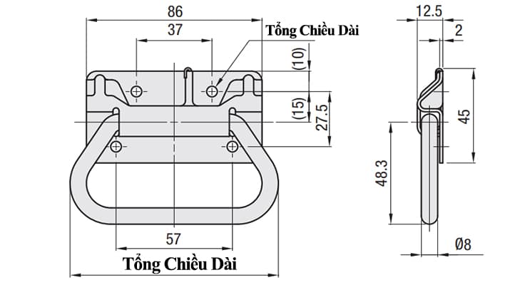 Bản vẽ kỹ thuật Tay Xách Gập Inox 304 L 102 mm (UWUASPS102)
