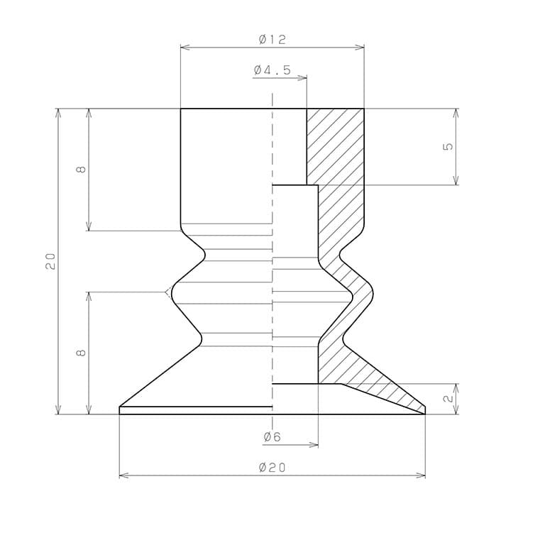 Bản vẽ kỹ thuật Đầu Nấm Hút Chân Không Dạng Lò Xo, Cao Su Nitrile - NBR, O.D 20 mm, Pisco VP20LBN