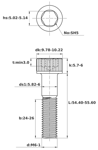 Bản vẽ kỹ thuật Lục Giác Chìm Đầu Trụ Thép Đen 12.9 DIN912 M6x55 Ren Lửng