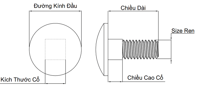 Bản vẽ kỹ thuật Bulong Cổ Vuông Inox 304 UNC 3/8-16 x 1.1/4
