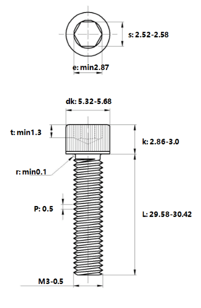 Bản vẽ kỹ thuật Lục Giác Chìm Đầu Trụ Thép Mạ Kẽm Trắng Cr3+ 12.9 DIN912 M3x30