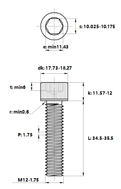 Bản vẽ kỹ thuật Lục Giác Chìm Đầu Trụ Thép Đen 12.9 DIN912 M12x35 (25Cái/Bịch)