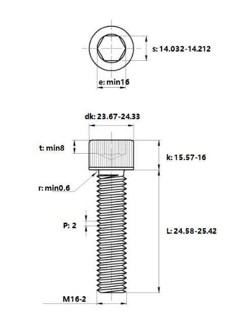 Bản vẽ kỹ thuật Lục Giác Chìm Đầu Trụ Thép Đen 12.9 DIN912 M16x25