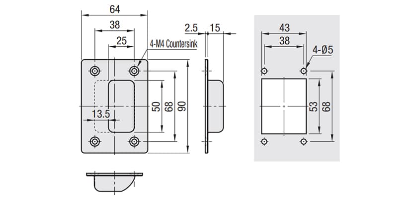 Bản vẽ kỹ thuật Tay Nắm Cửa Âm Inox 304 W 54 mm x L 100 mm (UWUANAS)